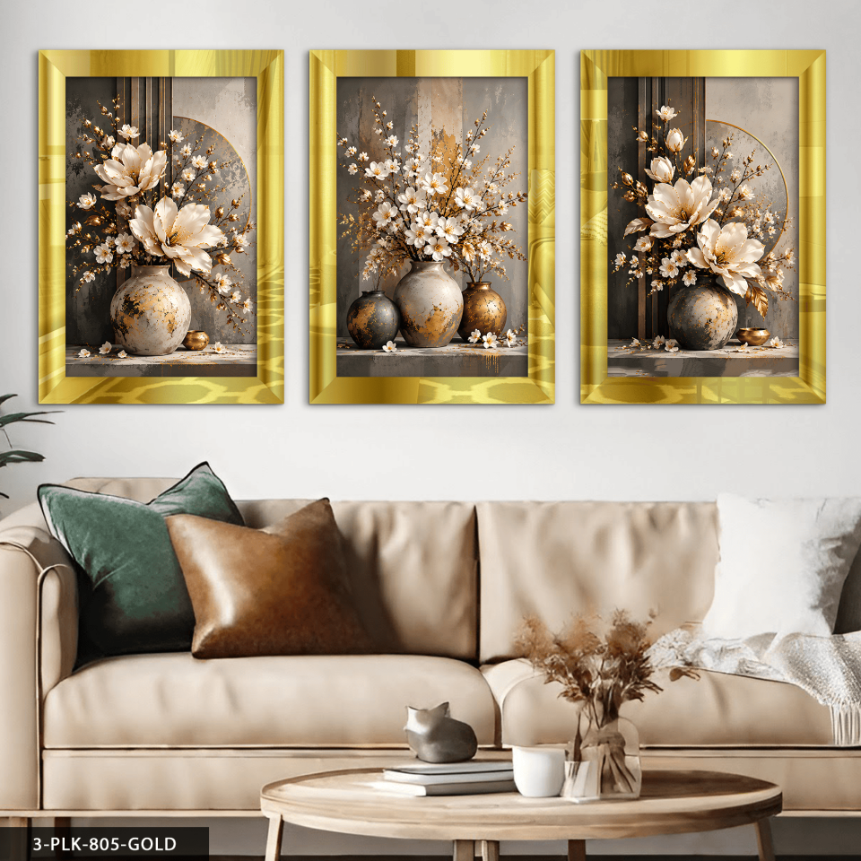 Vazoda Beyaz Çiçekler 3 Parça Pleksi Aynalı Tablo 30 x 40 CM - Gold