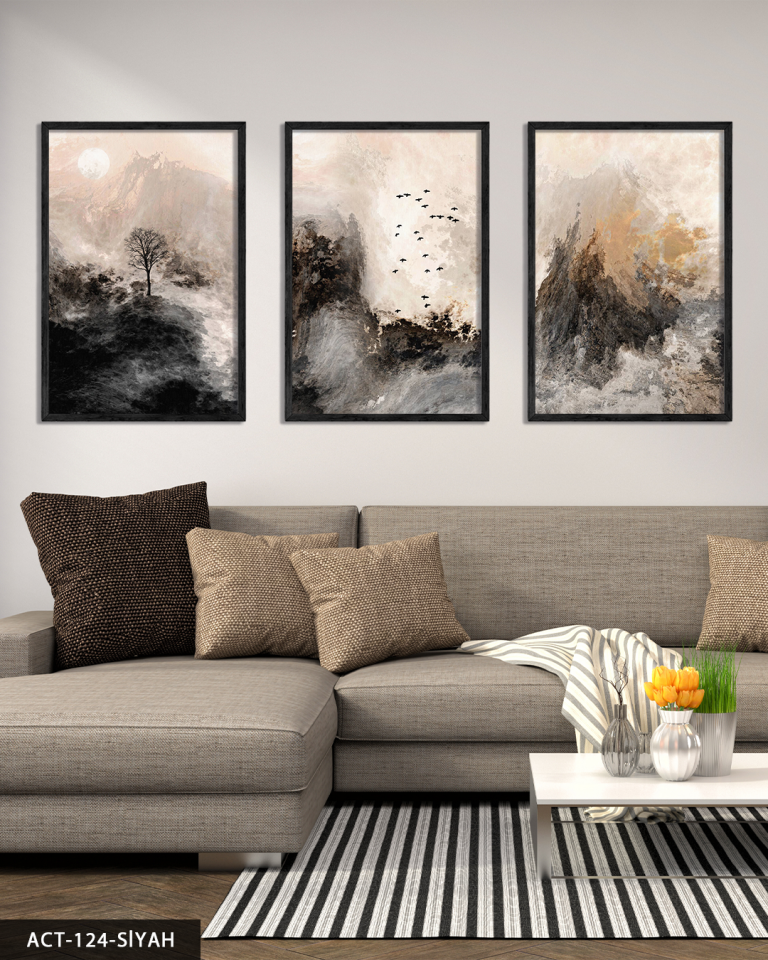 Fırça İzleriyle Modern Sanat 3 Parça Ahşap Çerçeveli Tablo ACT Siyah - 40 x 60 CM
