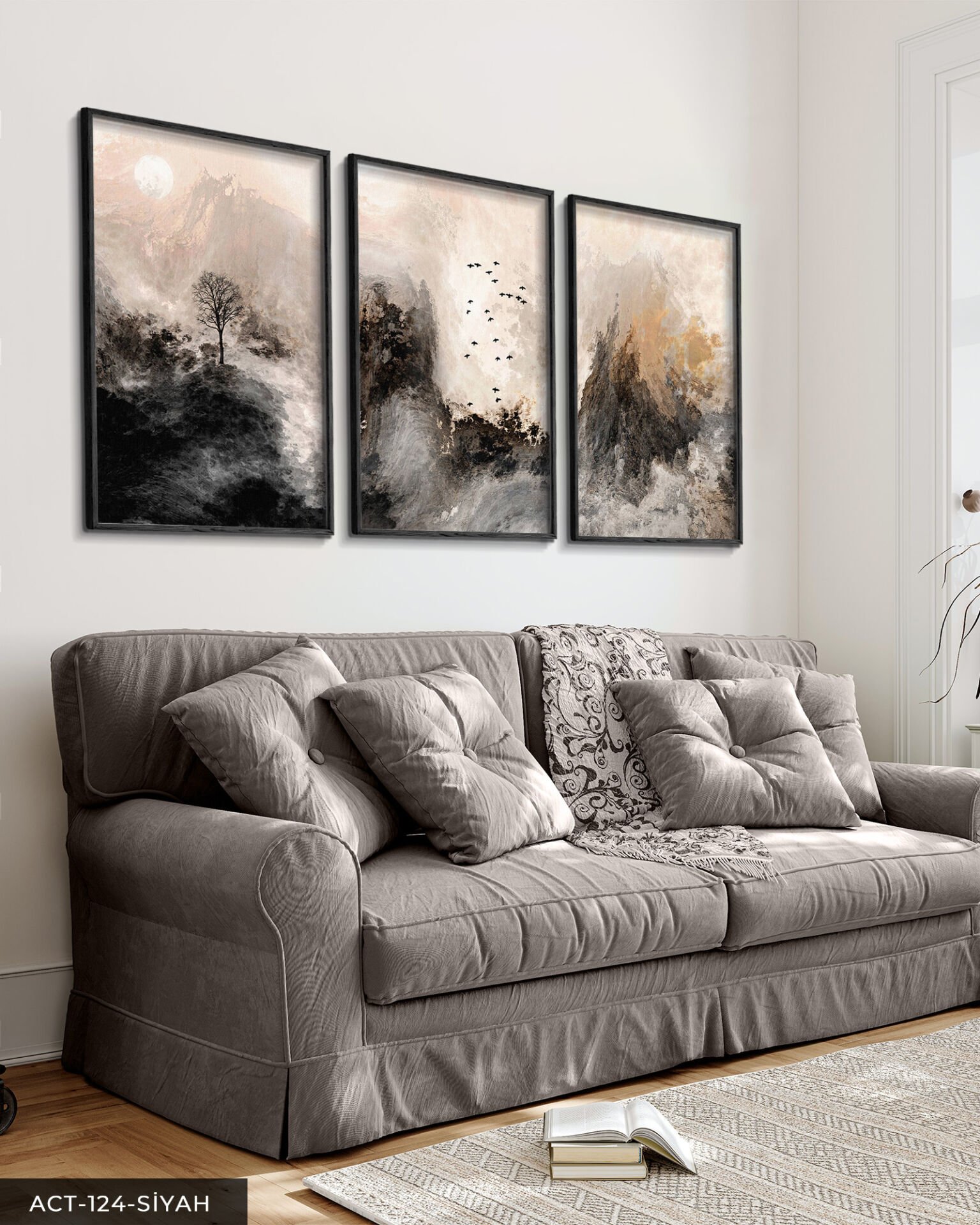 Fırça İzleriyle Modern Sanat 3 Parça Ahşap Çerçeveli Tablo ACT Siyah - 40 x 60 CM