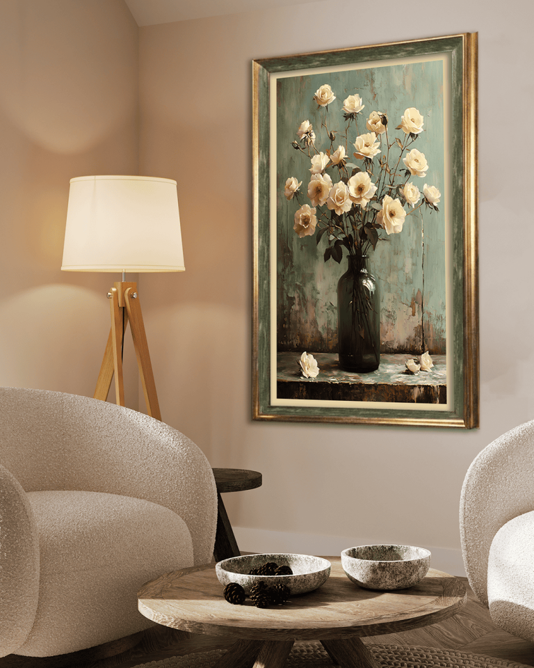 Vazoda Beyaz Çiçekler Premium Çerçeveli Tek Parça Tablo 65X110 cm PRM