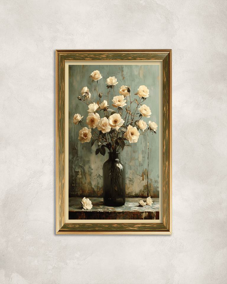 Vazoda Beyaz Çiçekler Premium Çerçeveli Tek Parça Tablo 65X110 cm PRM