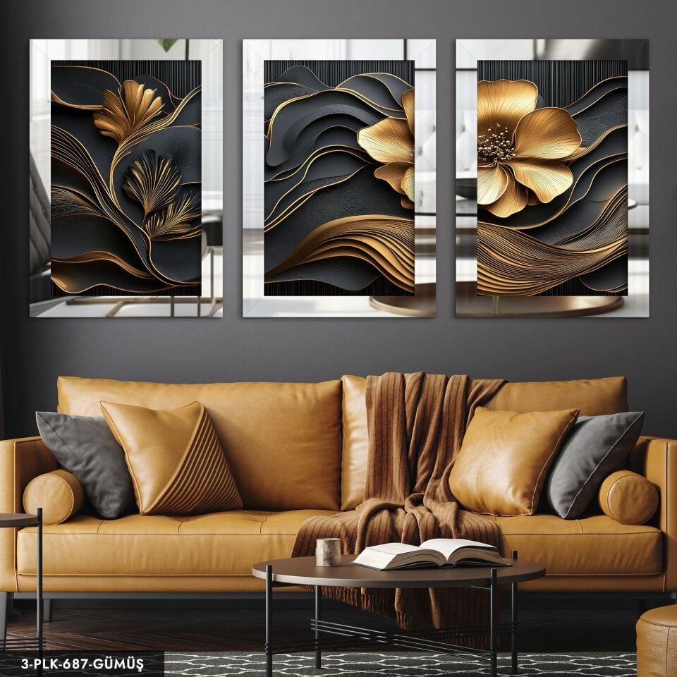 Gold Çiçek 3 Parça Pleksi Aynalı Tablo 60 x 80 CM - Gümüş
