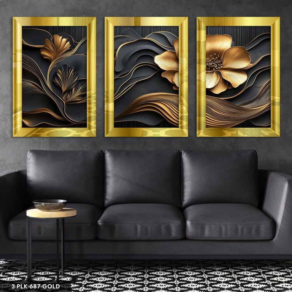 Gold Çiçek 3 Parça Pleksi Aynalı Tablo 60 x 80 CM - Gold