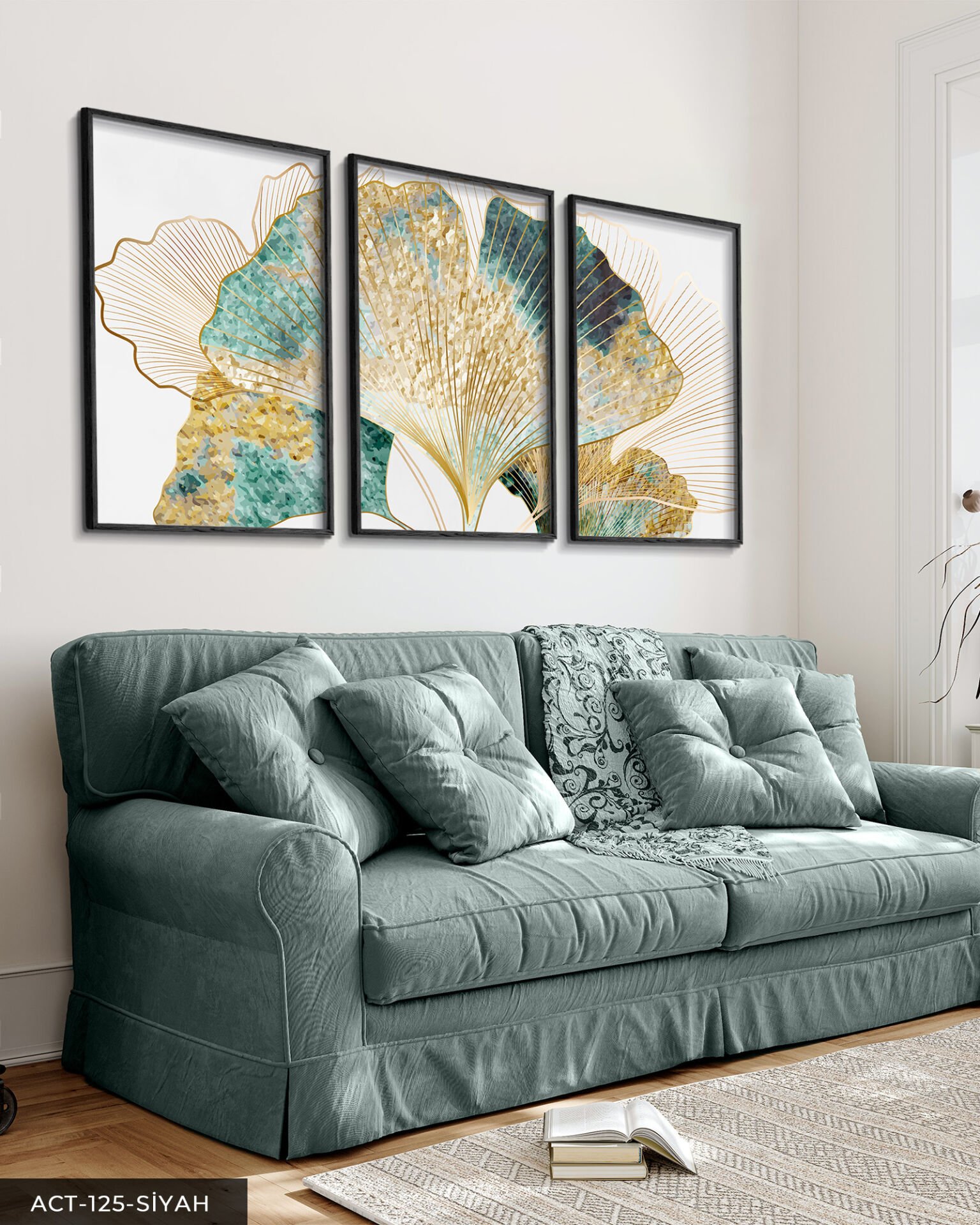 Yeşil ve Gold Detaylı Set 3 Parça Ahşap Çerçeveli Tablo ACT Siyah - 40 x 60 CM