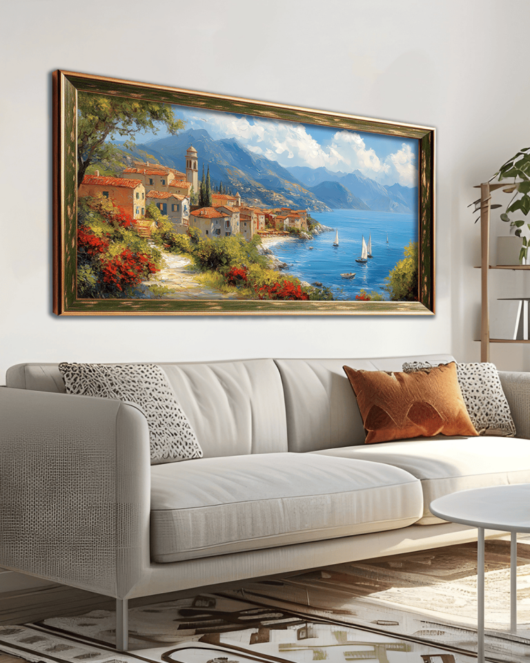 Deniz Kenarında Kasaba Premium Çerçeveli Tek Parça Tablo 65X110 cm PRM