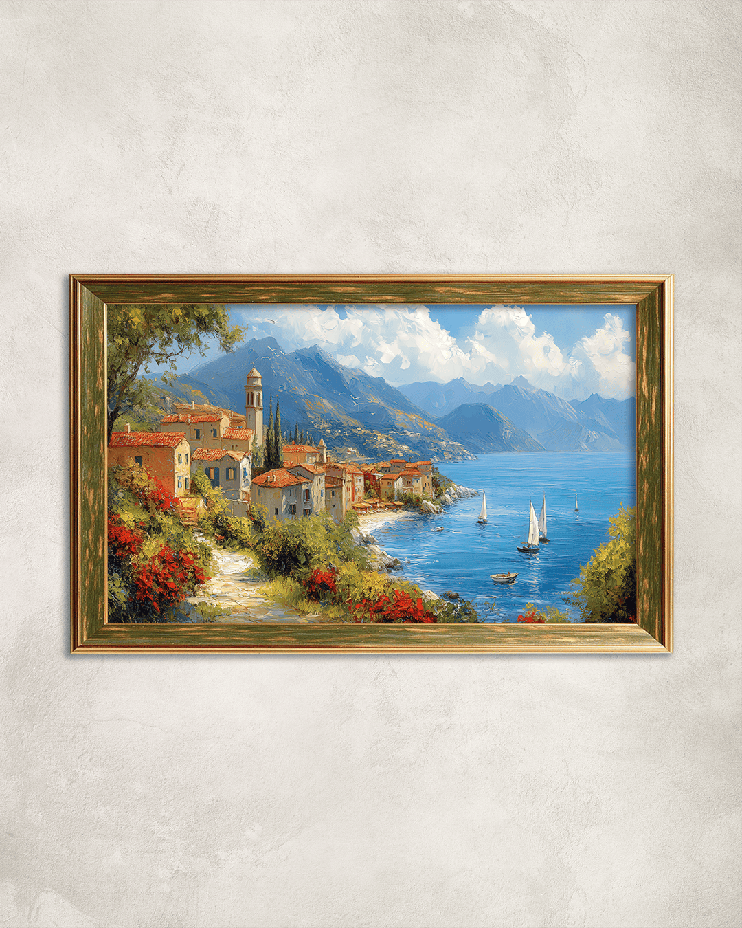 Deniz Kenarında Kasaba Premium Çerçeveli Tek Parça Tablo 65X110 cm PRM