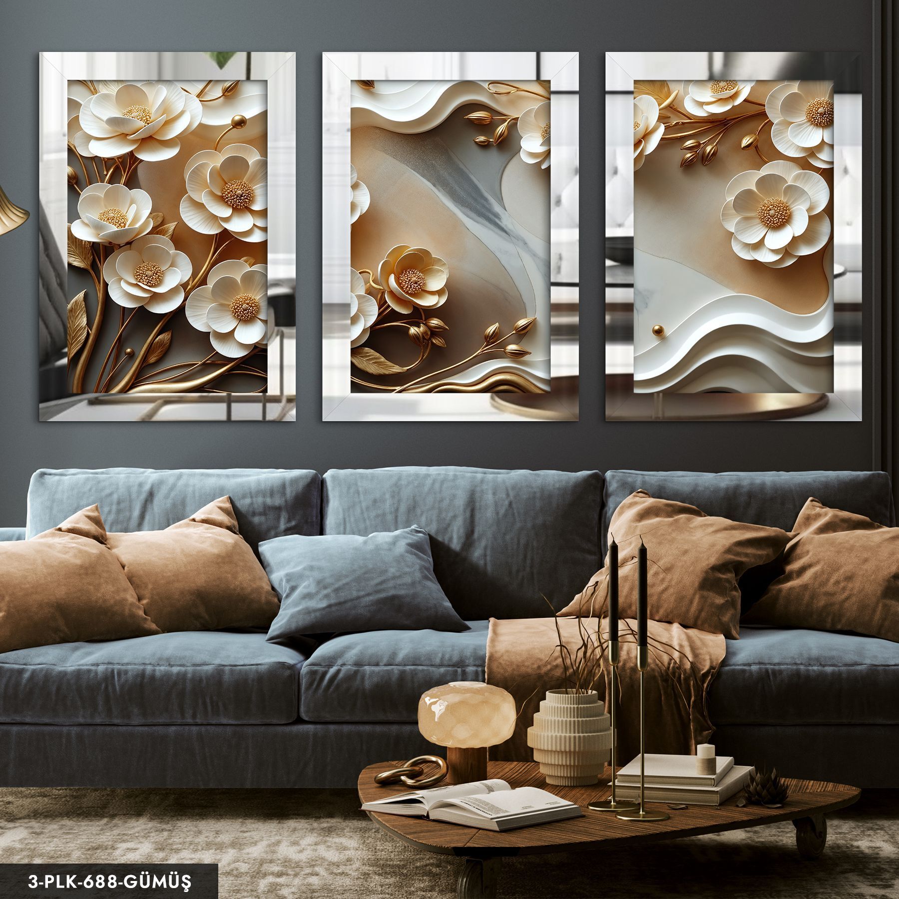 Gold Yapraklı Zarif Beyaz Çiçekler 3 Parça Pleksi Aynalı Tablo 60 x 80 CM - Gümüş