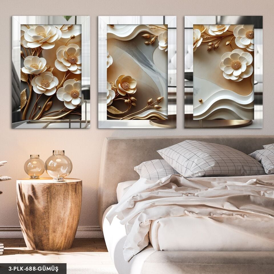 Gold Yapraklı Zarif Beyaz Çiçekler 3 Parça Pleksi Aynalı Tablo 60 x 80 CM - Gümüş