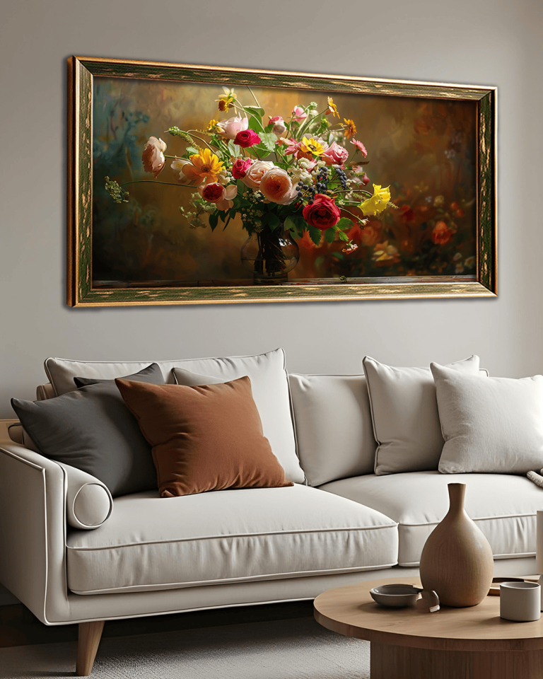 Vazoda Renkli Güller Premium Çerçeveli Tek Parça Tablo 65X110 cm PRM