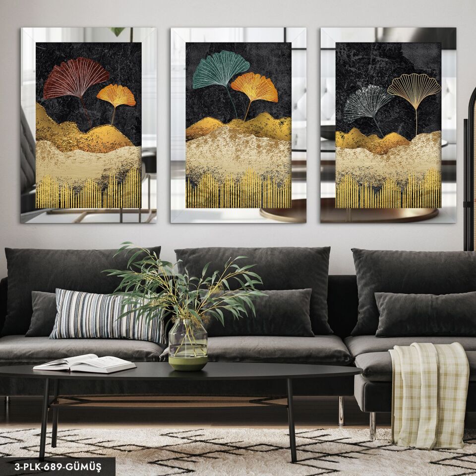 Renkli Yapraklar 3 Parça Pleksi Aynalı Tablo 60 x 80 CM - Gümüş