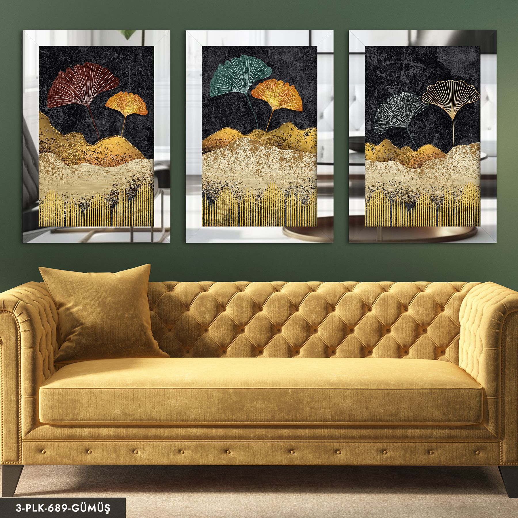 Renkli Yapraklar 3 Parça Pleksi Aynalı Tablo 60 x 80 CM - Gümüş