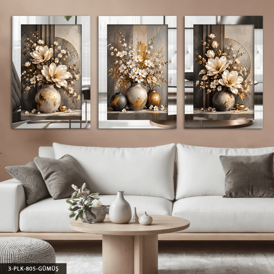 Vazoda Beyaz Çiçekler 3 Parça Pleksi Aynalı Tablo Gümüş - 40 x 60 CM