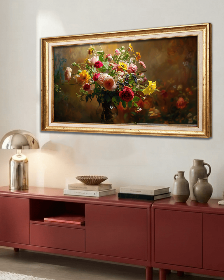 Vazoda Renkli Güller Premium Çerçeveli Tek Parça Tablo 65X110 cm PRM Gold