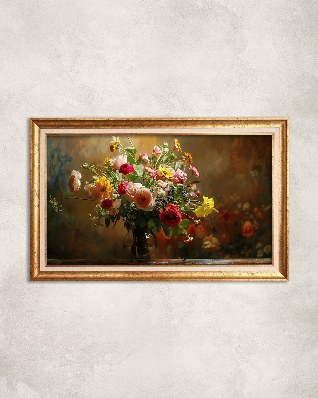 Vazoda Renkli Güller Premium Çerçeveli Tek Parça Tablo 65X110 cm PRM Gold