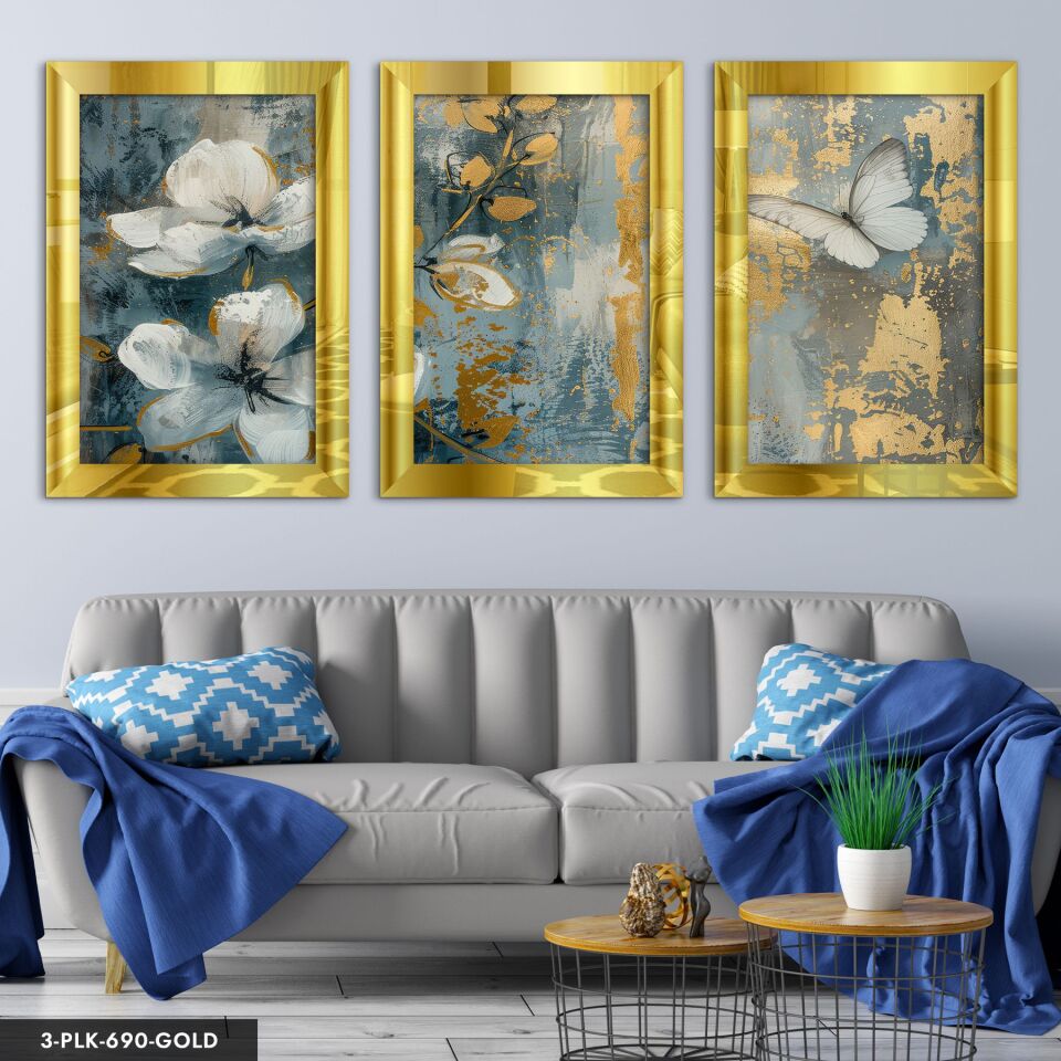 Yağlı Boya Görünümlü Kelebek ve Çiçekler 3 Parça Pleksi Aynalı Tablo 60 x 80 CM - Gold