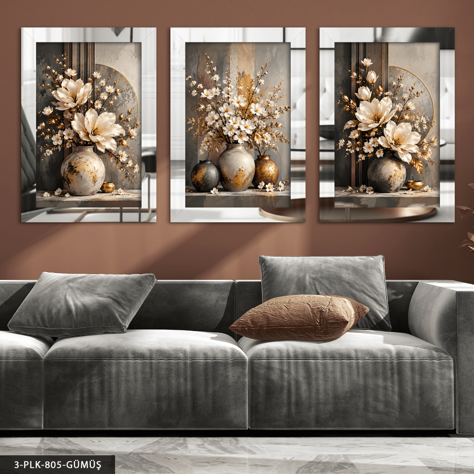 Vazoda Beyaz Çiçekler 3 Parça Pleksi Aynalı Tablo Gümüş - 50 x 70 CM