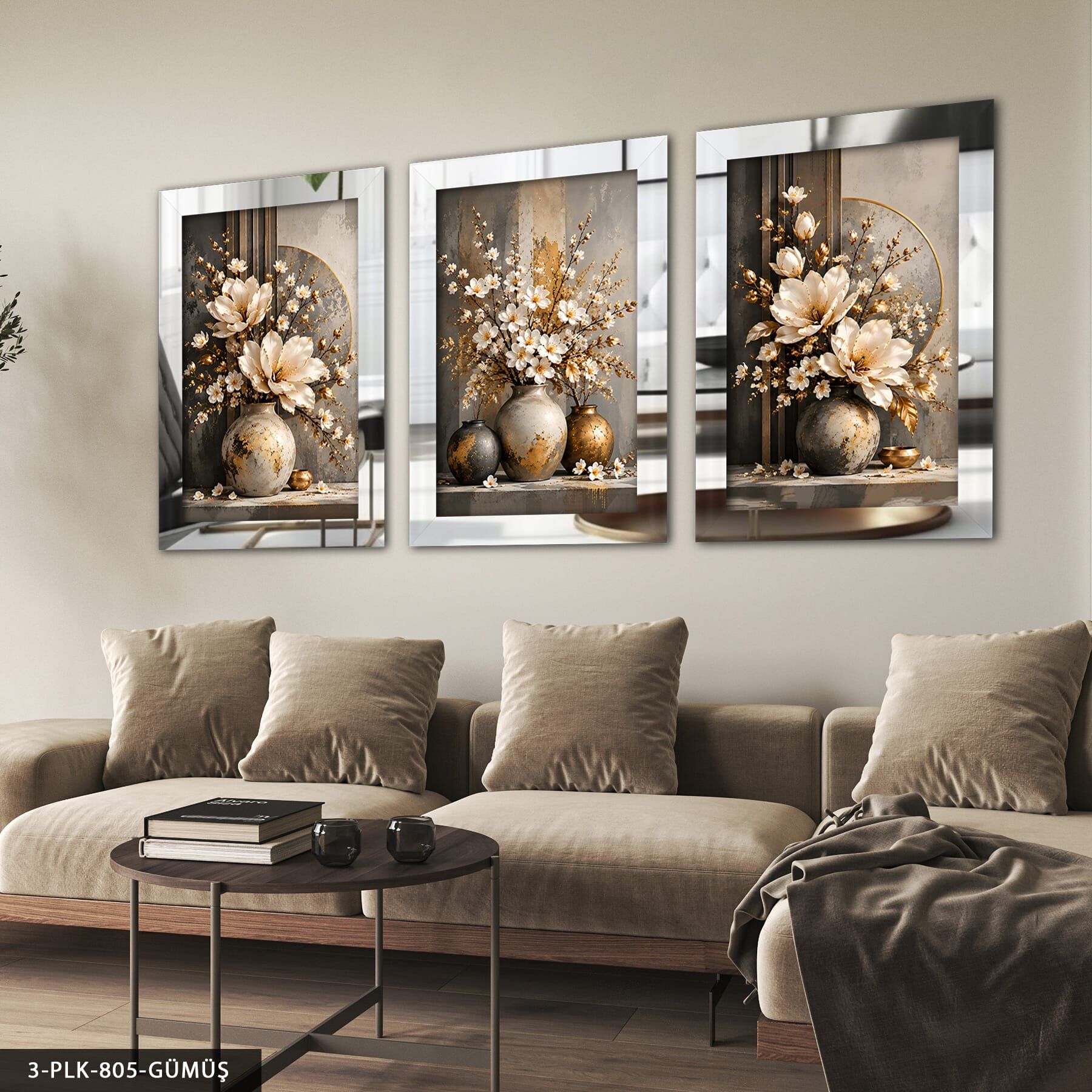 Vazoda Beyaz Çiçekler 3 Parça Pleksi Aynalı Tablo Gümüş - 50 x 70 CM