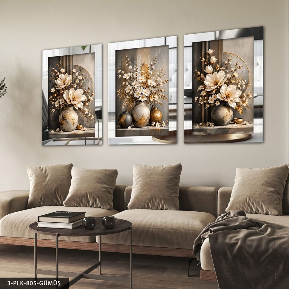 Vazoda Beyaz Çiçekler 3 Parça Pleksi Aynalı Tablo Gümüş - 50 x 70 CM