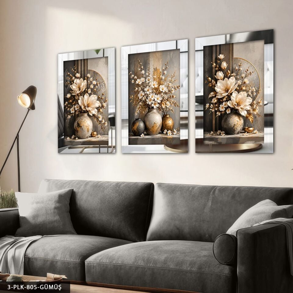 Vazoda Beyaz Çiçekler 3 Parça Pleksi Aynalı Tablo Gümüş - 50 x 70 CM