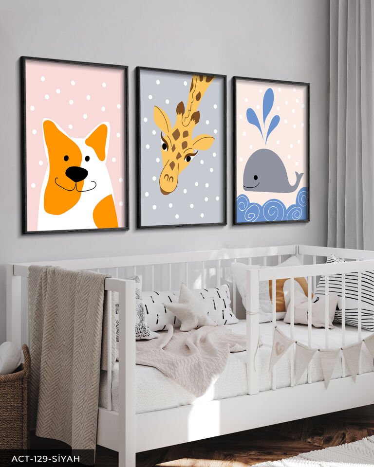 Hayvan Temalı Çocuk Odası 3 Parça Ahşap Çerçeveli Tablo ACT Siyah - 40 x 60 CM