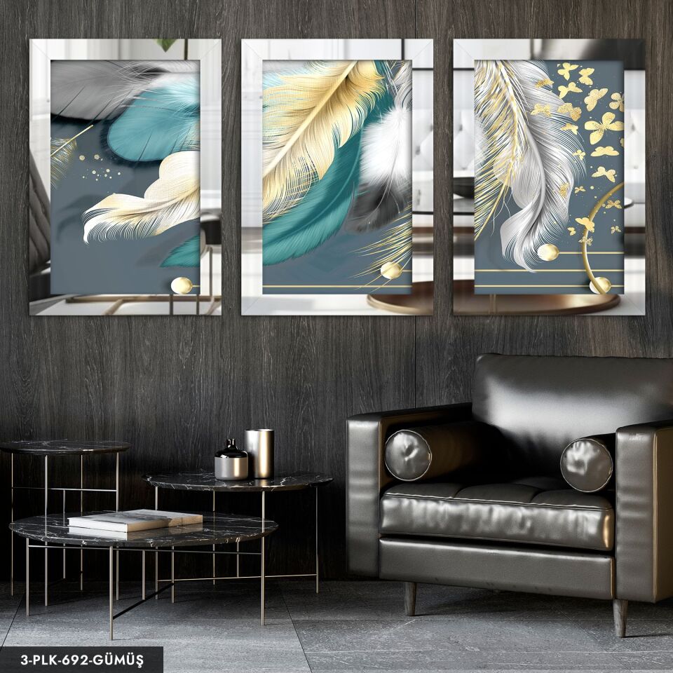 Kelebek ve Renkli Tüyler 3 Parça Pleksi Aynalı Tablo 60 x 80 CM - Gümüş