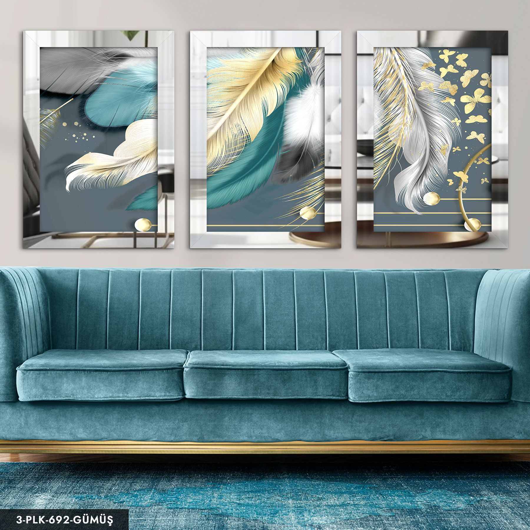 Kelebek ve Renkli Tüyler 3 Parça Pleksi Aynalı Tablo 60 x 80 CM - Gümüş