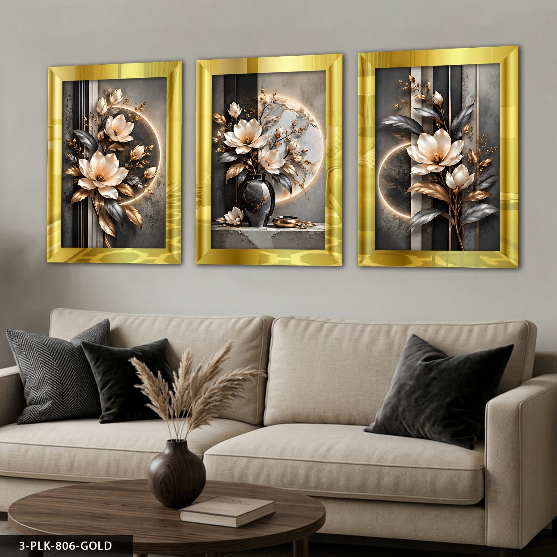 Gold Gümüş Yapraklı Çiçek 3 Parça Pleksi Aynalı Tablo 30 x 40 CM - Gold