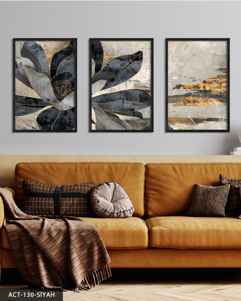 Gold Detaylı Siyah Çiçek 3 Parça Ahşap Çerçeveli Tablo ACT Siyah - 40 x 60 CM