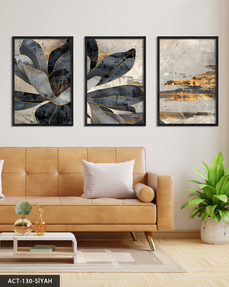 Gold Detaylı Siyah Çiçek 3 Parça Ahşap Çerçeveli Tablo ACT Siyah - 40 x 60 CM