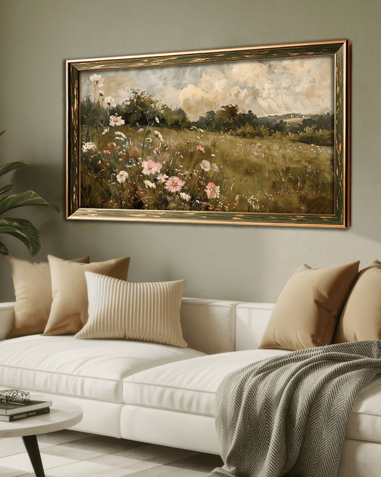 Yağlı Boya Görünümlü Çayırlıktaki Çiçek Premium Çerçeveli Tek Parça Tablo 65X110 cm PRM