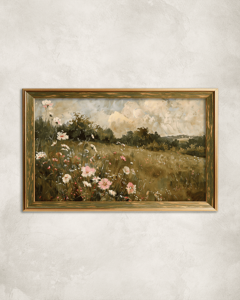 Yağlı Boya Görünümlü Çayırlıktaki Çiçek Premium Çerçeveli Tek Parça Tablo 65X110 cm PRM