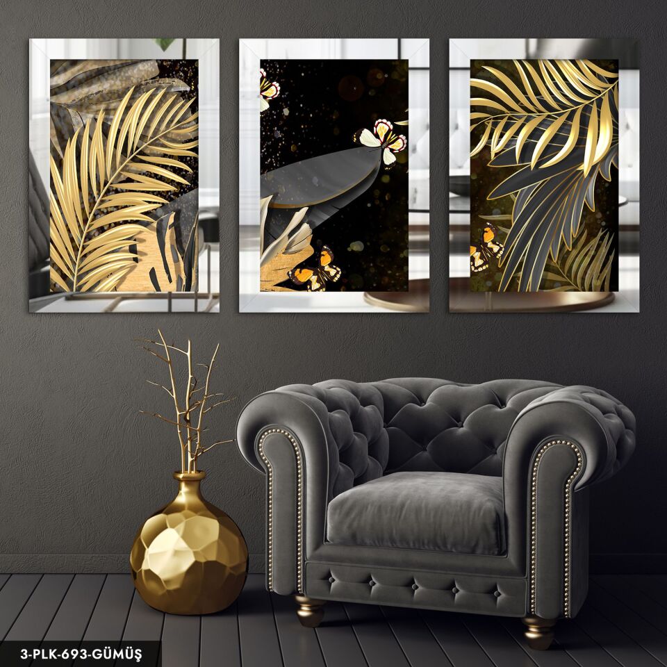 Gold Yaprak ve Kelebek 3 Parça Pleksi Aynalı Tablo 60 x 80 CM - Gümüş