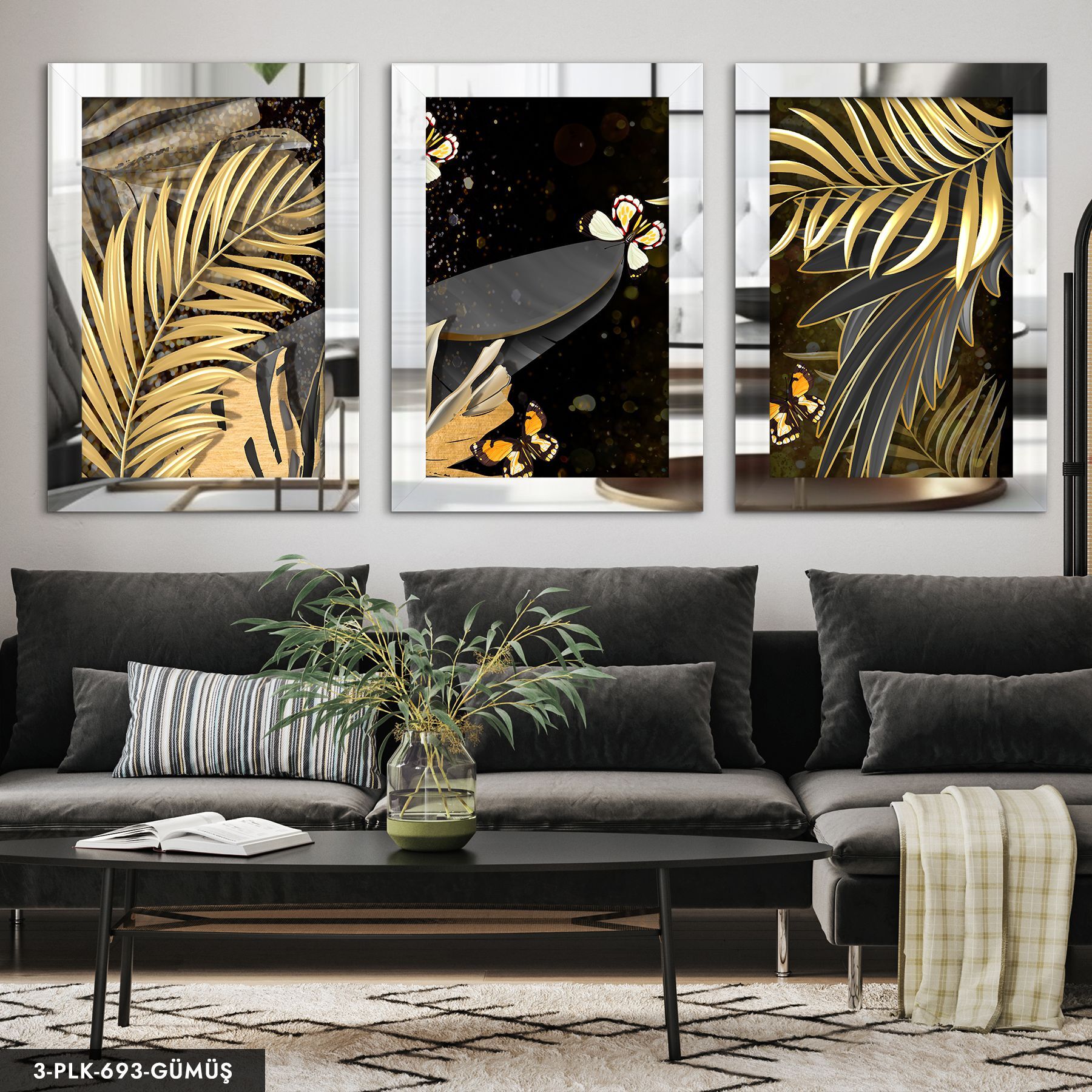 Gold Yaprak ve Kelebek 3 Parça Pleksi Aynalı Tablo 60 x 80 CM - Gümüş