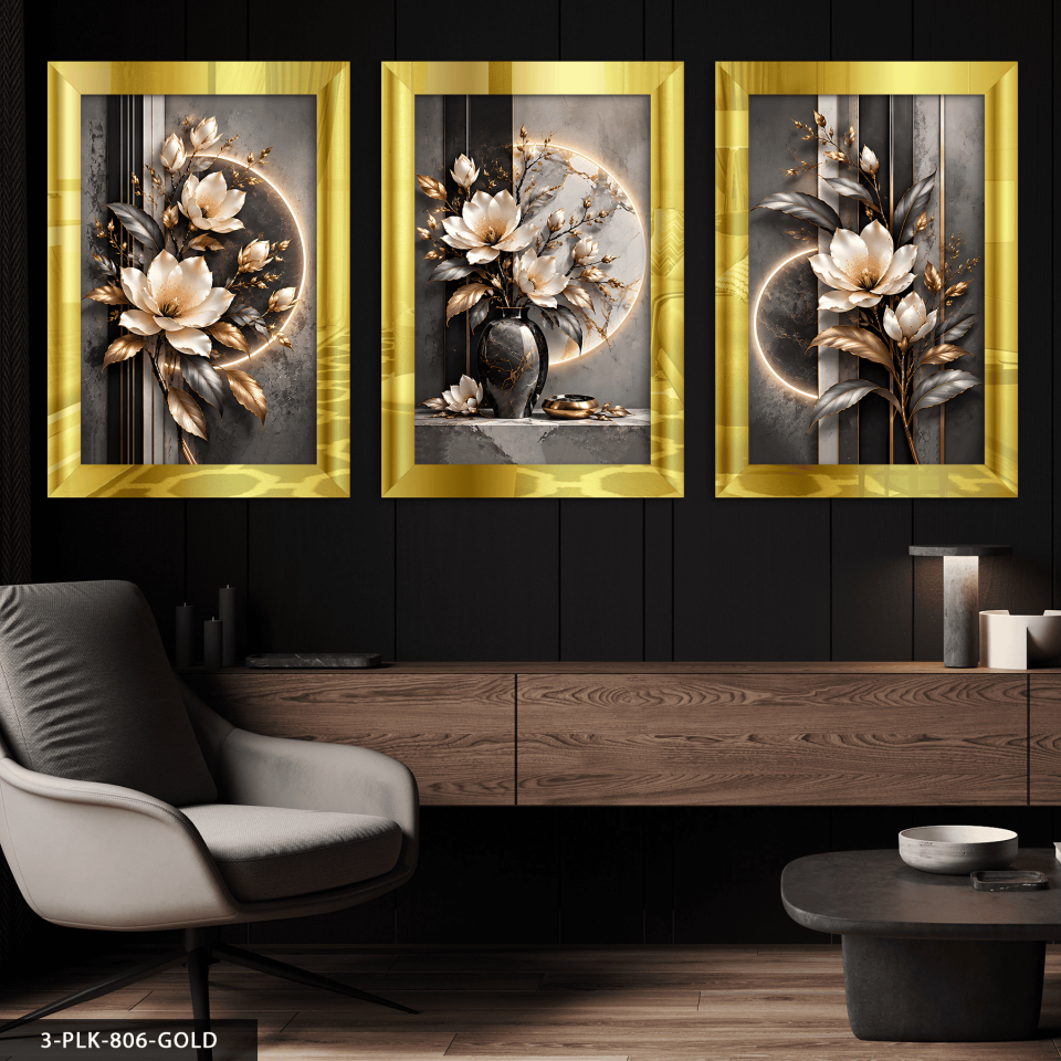 Gold Gümüş Yapraklı Çiçek 3 Parça Pleksi Aynalı Tablo 40 x 60 CM - Gold