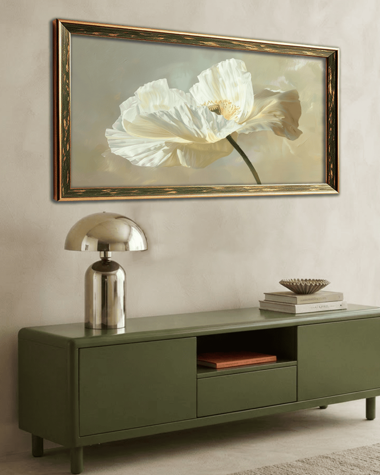 Beyaz Narin Çiçek Premium Çerçeveli Tek Parça Tablo 65X110 cm PRM