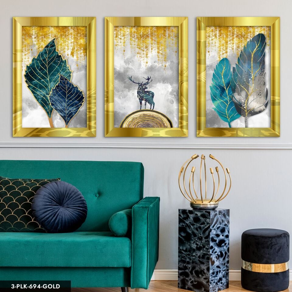 Geyik ve Renkli Yapraklar 3 Parça Pleksi Aynalı Tablo 60 x 80 CM - Gold