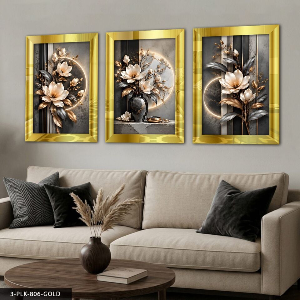 Gold Gümüş Yapraklı Çiçek 3 Parça Pleksi Aynalı Tablo 50 x 70 CM - Gold
