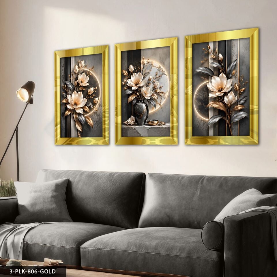 Gold Gümüş Yapraklı Çiçek 3 Parça Pleksi Aynalı Tablo 50 x 70 CM - Gold