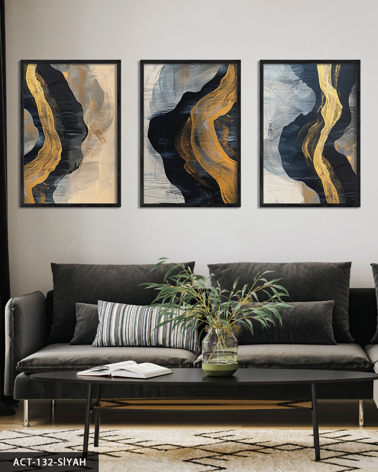 Gold ve Lacivert Renginde Farklı Şekiller 3 Parça Ahşap Çerçeveli Tablo ACT Siyah - 40 x 60 CM