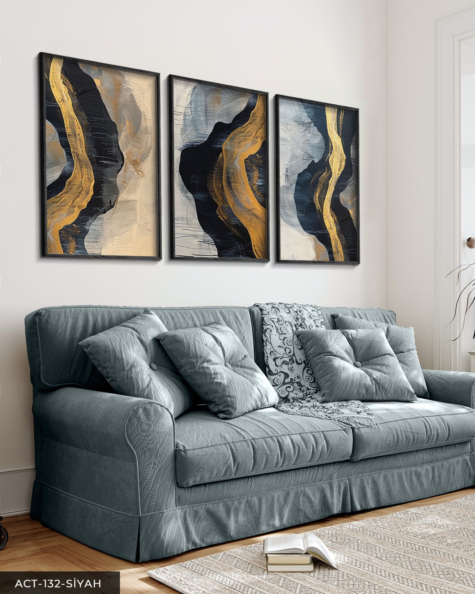 Gold ve Lacivert Renginde Farklı Şekiller 3 Parça Ahşap Çerçeveli Tablo ACT Siyah - 40 x 60 CM
