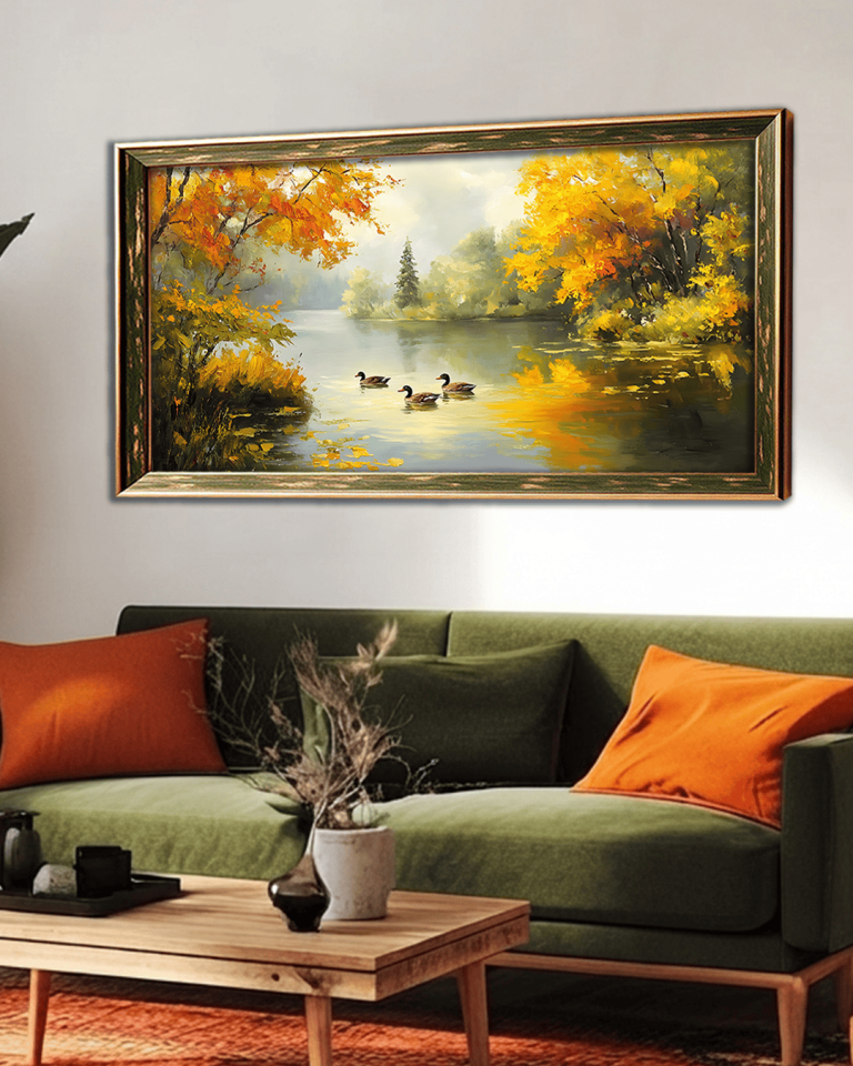 Sonbahar Gölet Premium Çerçeveli Tek Parça Tablo 65X110 cm PRM