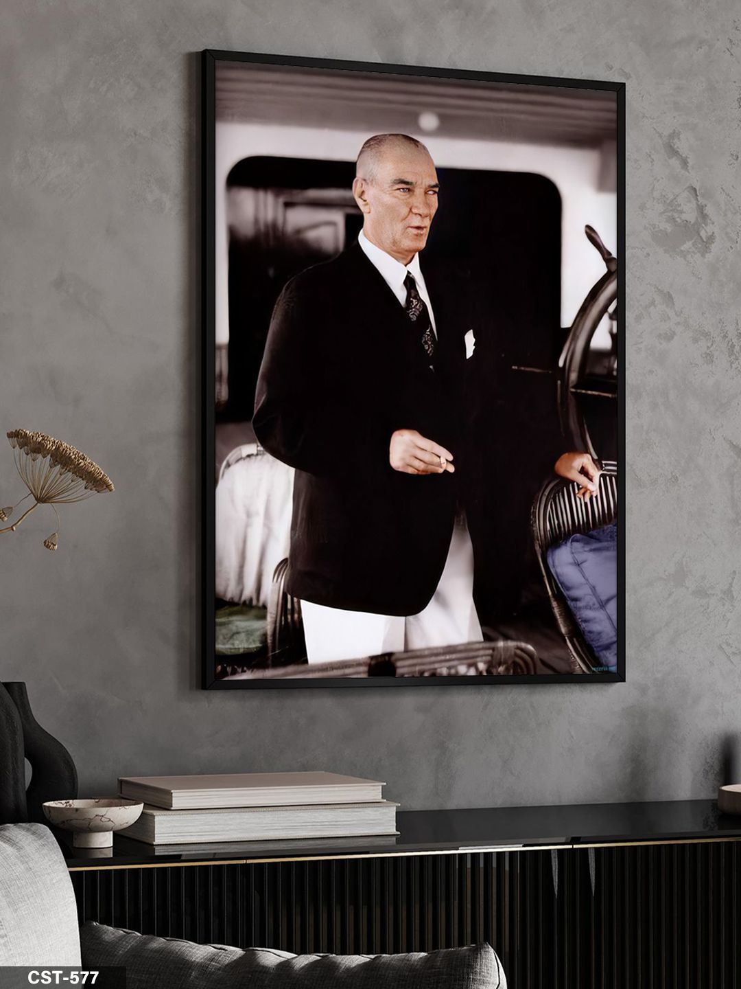 Mustafa Kemal Atatürk Tek Parça Ahşap Çerçeveli Tablo Siyah - 30 x 40 CM