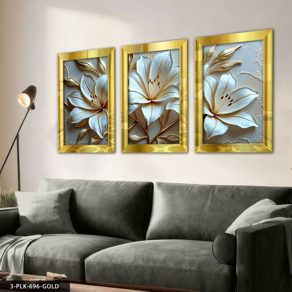 Gold Yapraklı Zambak 3 Parça Pleksi Aynalı Tablo 60 x 80 CM - Gold