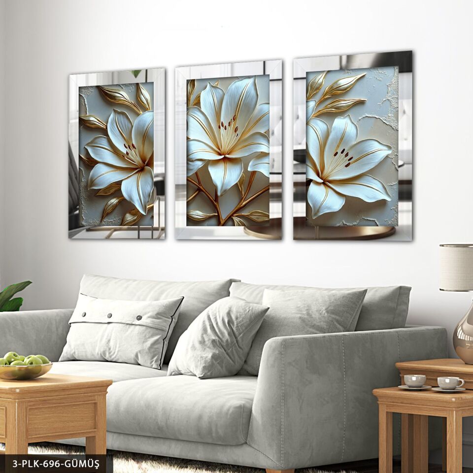 Gold Yapraklı Zambak 3 Parça Pleksi Aynalı Tablo 60 x 80 CM - Gümüş