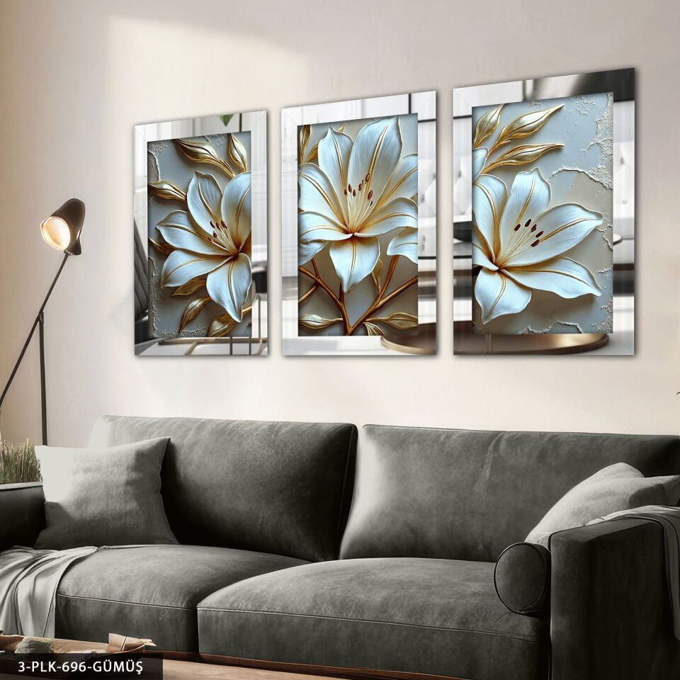 Gold Yapraklı Zambak 3 Parça Pleksi Aynalı Tablo 60 x 80 CM - Gümüş