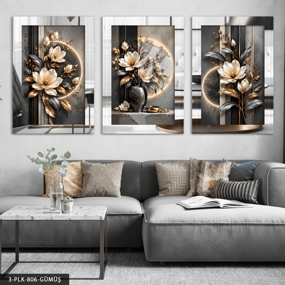 Gold Gümüş Yapraklı Çiçek 3 Parça Pleksi Aynalı Tablo Gümüş - 30 x 40 CM