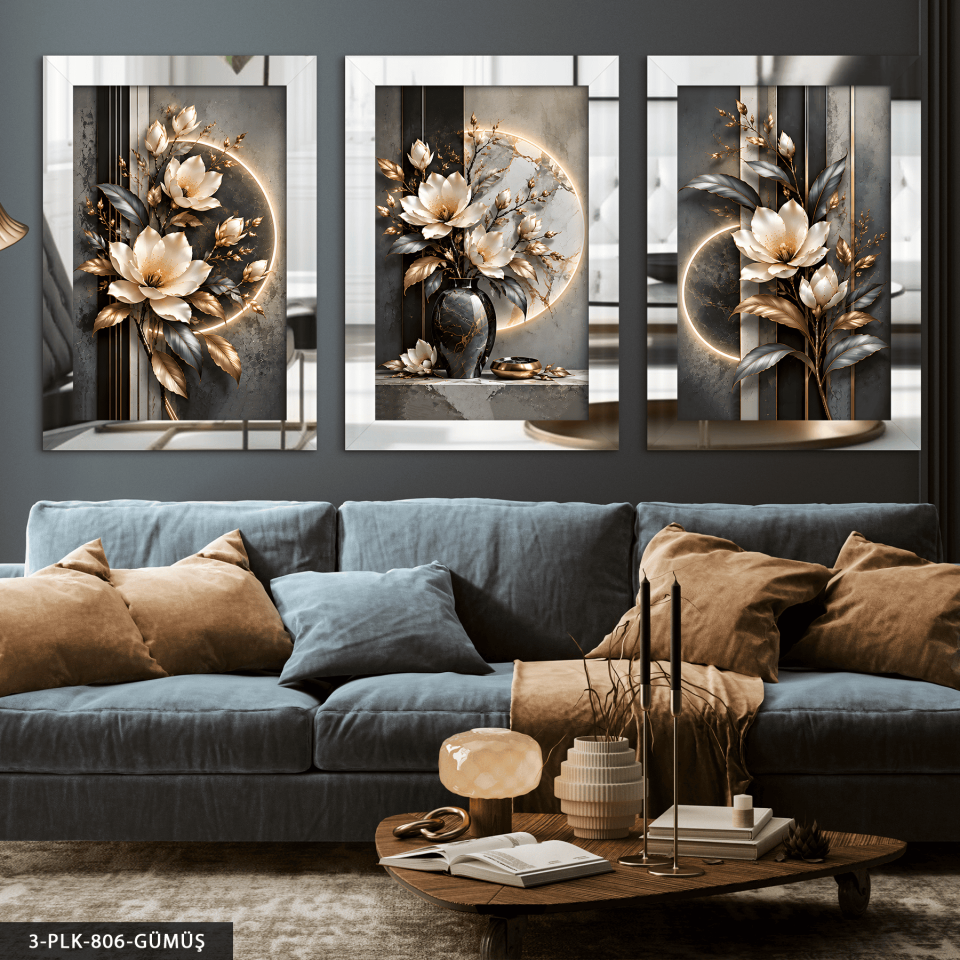 Gold Gümüş Yapraklı Çiçek 3 Parça Pleksi Aynalı Tablo Gümüş - 40 x 60 CM