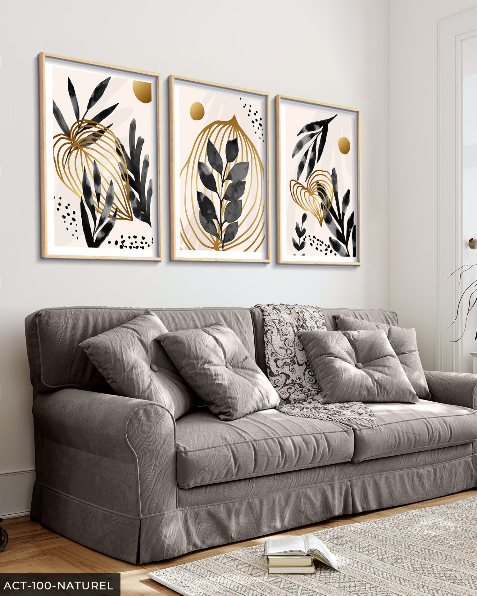 Boho Tarzı Sulu Boya Görünümlü Siyah Yaprak 3 Parça Ahşap Çerçeveli Tablo ACT Naturel - 30 x 40 CM