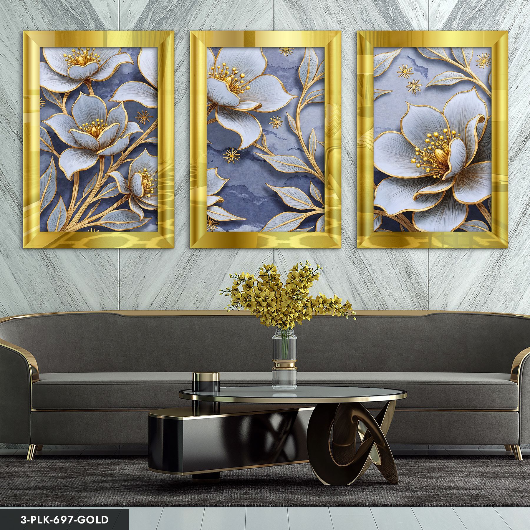 Gold Detaylı Beyaz Çiçek 3 Parça Pleksi Aynalı Tablo 60 x 80 CM - Gold