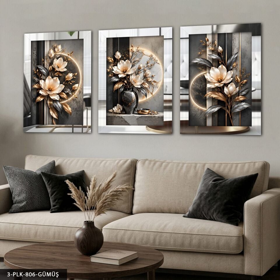 Gold Gümüş Yapraklı Çiçek 3 Parça Pleksi Aynalı Tablo Gümüş - 50 x 70 CM